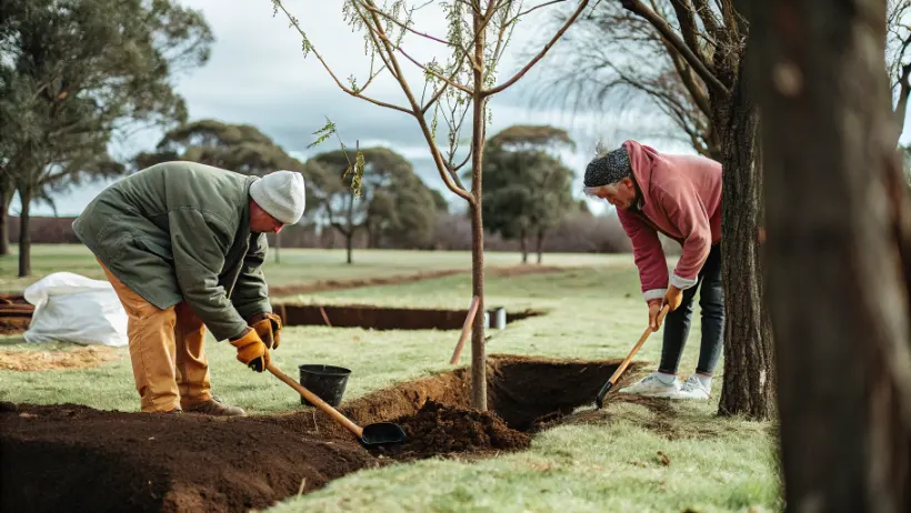 Community volunteers planting indigenous trees for environmental conservation and erosion control