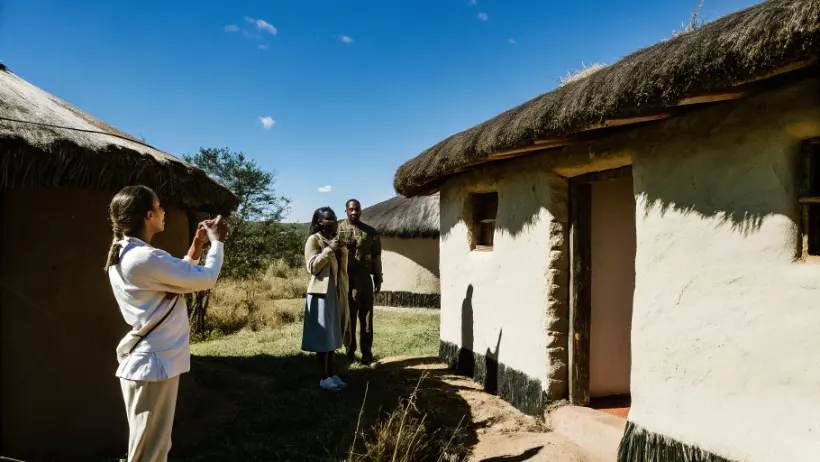 International tourists photographing traditional Zulu homestead with tour guide providing cultural context