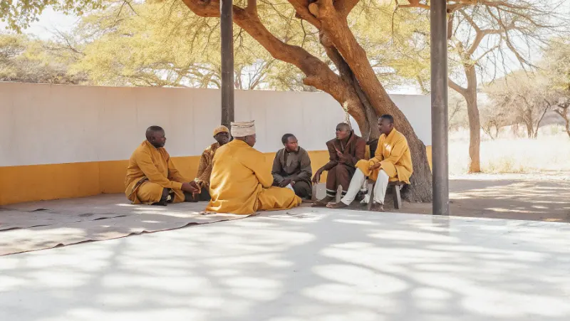 Community members gathered at traditional Zulu meeting under tree with elders and younger generations participating in group discussion