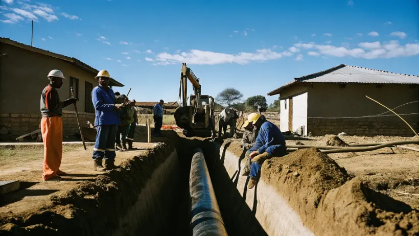 Construction workers installing water pipeline in rural Msinga area with community members observing the infrastructure development