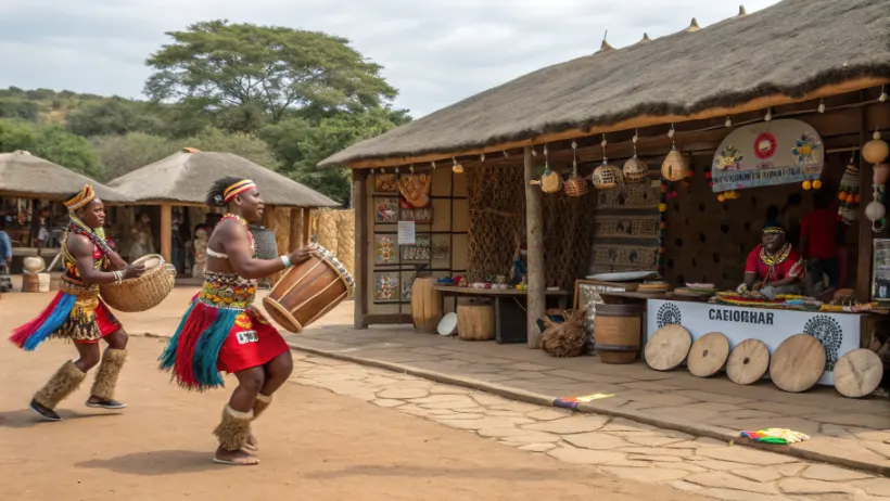 Traditional Zulu cultural performance and craft displays at Msinga heritage tourism site
